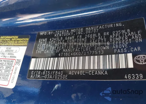 2007 Toyota Camry Ce из США, поврежденный, VIN 4T1BE46K07U177513